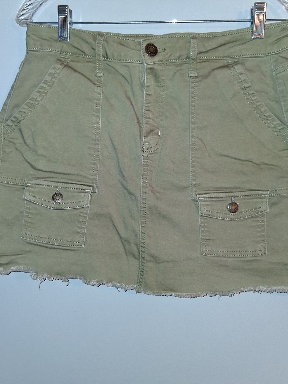 SO Army Green Utility Skirt with Front Stitching Raw Hem